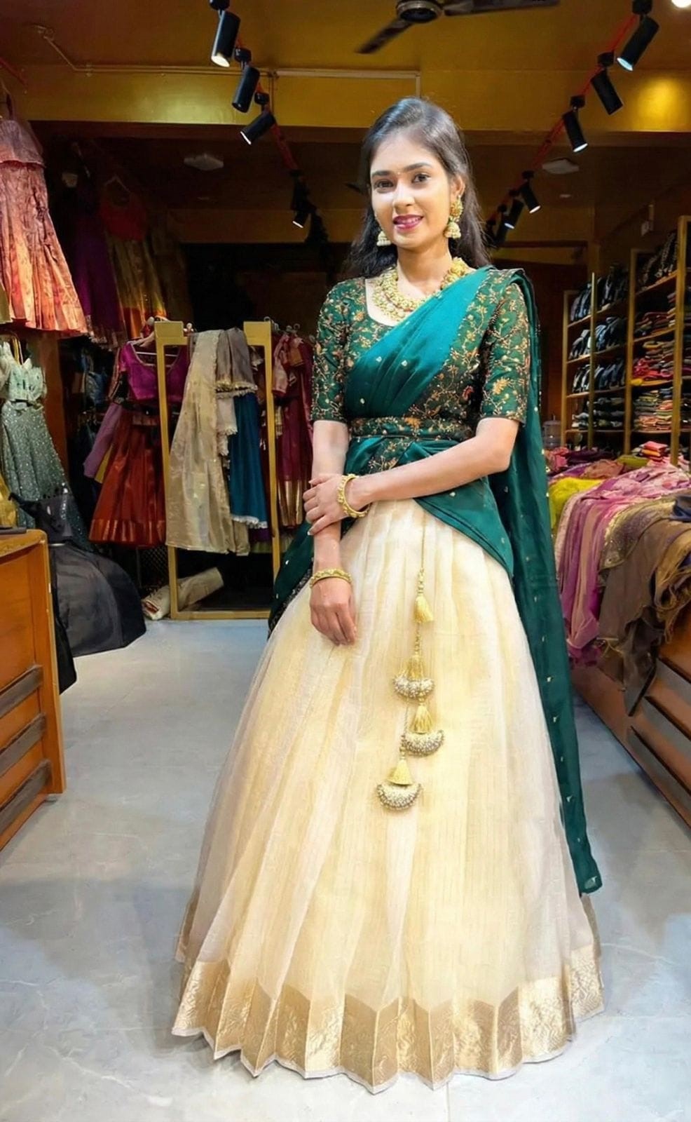 Onam Off White Tissue with Bottle Green Half Saree